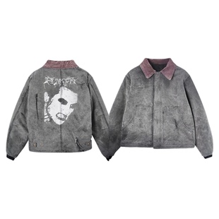 Without Me/吸血鬼J22薄棉服夹克做旧破坏洗水14oz厚帆布翻领工装