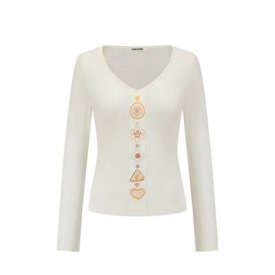 SHROENRO装饰门襟印花扣V领小衫