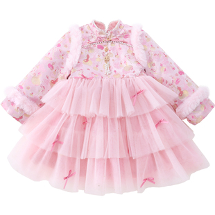 米米哈罗女童旗袍公主裙冬2026新款儿童加绒网纱连衣裙女孩新年装