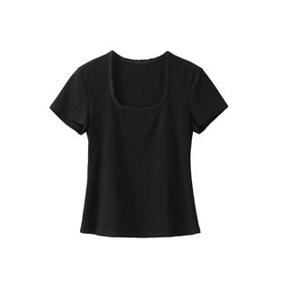 POPCHRIO欧可芮◆法式花边拼接u领短袖T恤宽松显瘦方领正肩上衣女