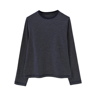 麻霖柔软亲肤棉氨纶小圆领藏青色细条纹T恤上衣