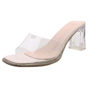 2025夏季新款透明高跟一字凉拖鞋女外穿时尚水晶粗跟凉鞋百搭半拖