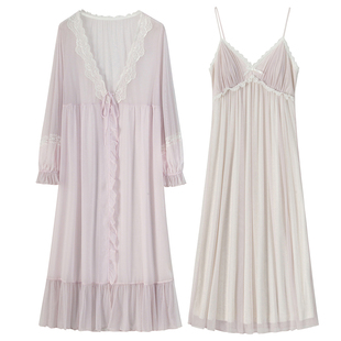 RoseTree新娘晨袍女春夏季蕾丝吊带睡裙睡袍两件套性感睡衣带胸垫