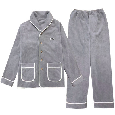 加厚加绒睡衣男士秋冬开衫颗粒绒