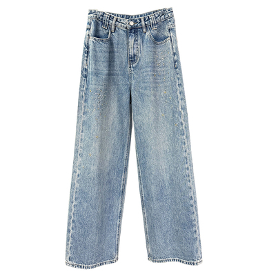 N货！烫钻中高腰牛仔阔腿裤