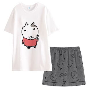 韩版复古猫睡衣女款夏季短袖短裤纯棉圆领家居服简约抽象卡通网红