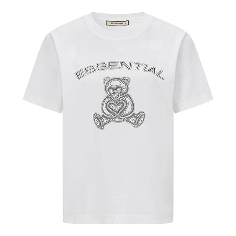 BOSSSUNWEN博斯绅威卡通印花短袖T恤女白色宽松百搭上衣套头