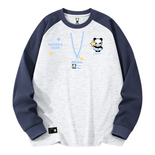Hipanda你好熊猫美式小众日常插肩撞色长袖T恤男女2026春季新款C
