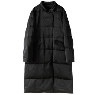 意大利高定单定制醋酸缎面90白鹅绒小立领长款羽绒服外套上衣秋冬