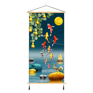 新中式九鱼轻奢风景实木挂画入户玄关布艺装饰画客厅免打孔墙壁画