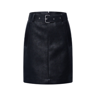 LILY2026春新款复古时髦腰带气质休闲通勤黑色直筒皮裙半身短裙女