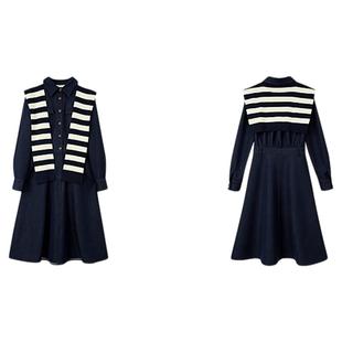 PIT复古纯色披肩两件套收腰A字连衣裙女2025秋显瘦衬衫裙中长裙