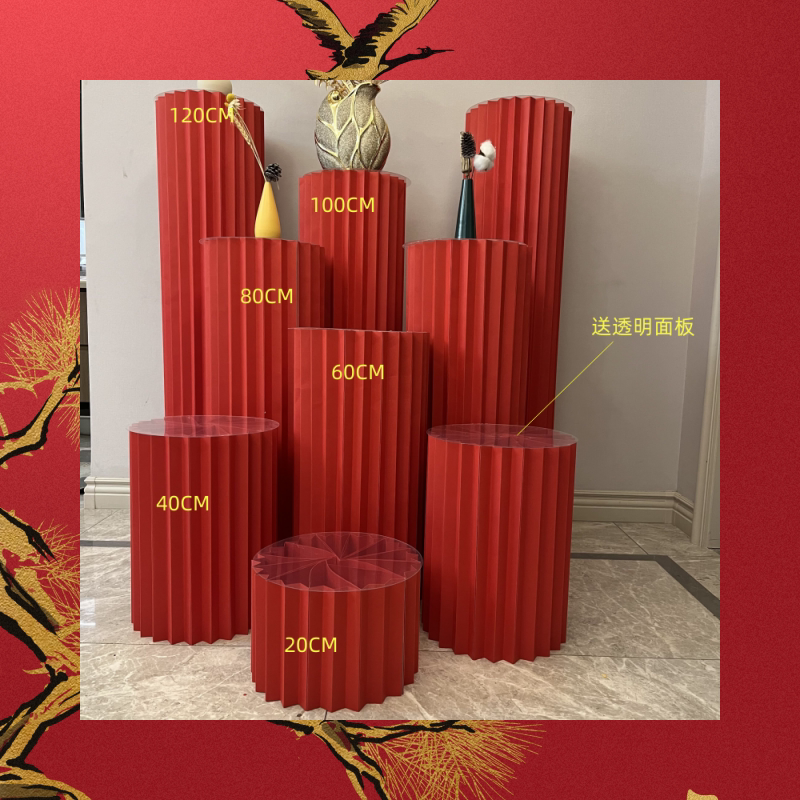 婚庆红色喜庆纸折叠圆柱罗马柱福桶柱子商场橱窗生日求婚订婚摆件