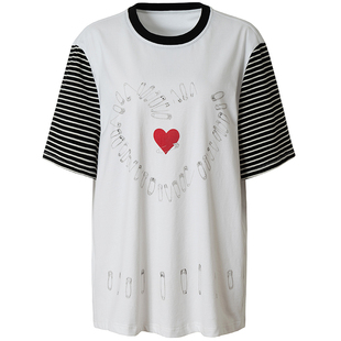 OV原创/学院风别针爱心印花短袖T恤女夏季亚文化撞色宽松上衣男潮
