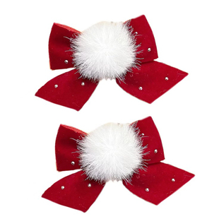 女童新年蝴蝶结发夹红色丝绒白绒球水钻发饰喜庆节日可爱宝宝头饰