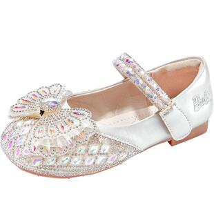 芭比童鞋女童公主鞋配礼服2025新款春秋软底水钻皮鞋儿童水晶鞋女