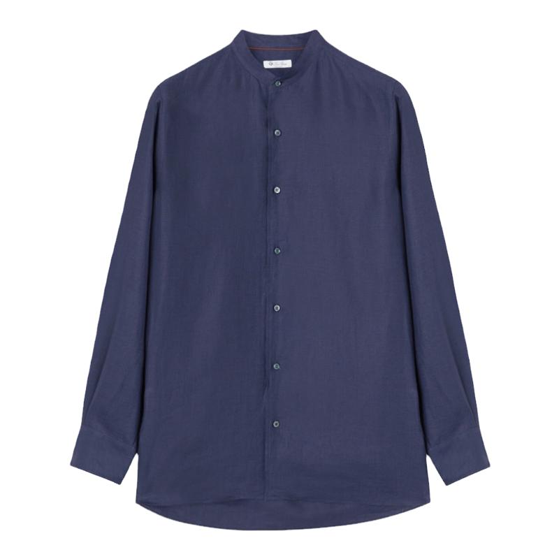 Loro Piana/诺悠翩雅男装蓝色亚麻布宽松时尚休闲衬衫
