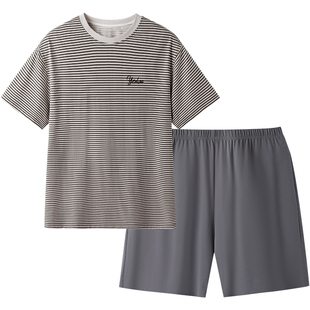 英氏青少年睡衣男孩夏季薄款条纹短袖短裤宽松休闲家居服套装学生