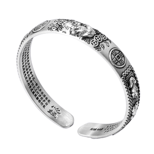 999纯银貔貅手镯复古民族风铜钱足银镯子男女心经开口实心银饰品