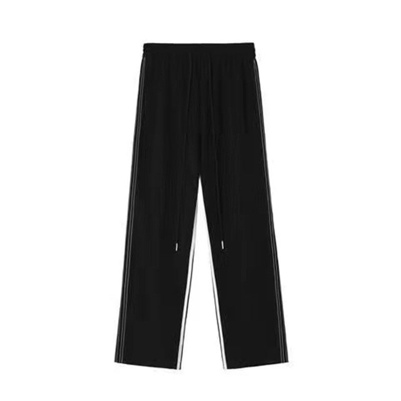 美式hiphop条纹黑色裤子高街ins潮百搭宽松垂感卫裤直筒运动裤女