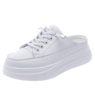 超火半拖鞋女2026新款秋冬真皮小白鞋女包头拖鞋百搭单里厚底增高