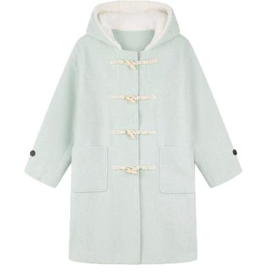 夹棉韩系薄荷绿连帽牛角扣毛呢外套冬季小个子中长款加厚呢子大衣