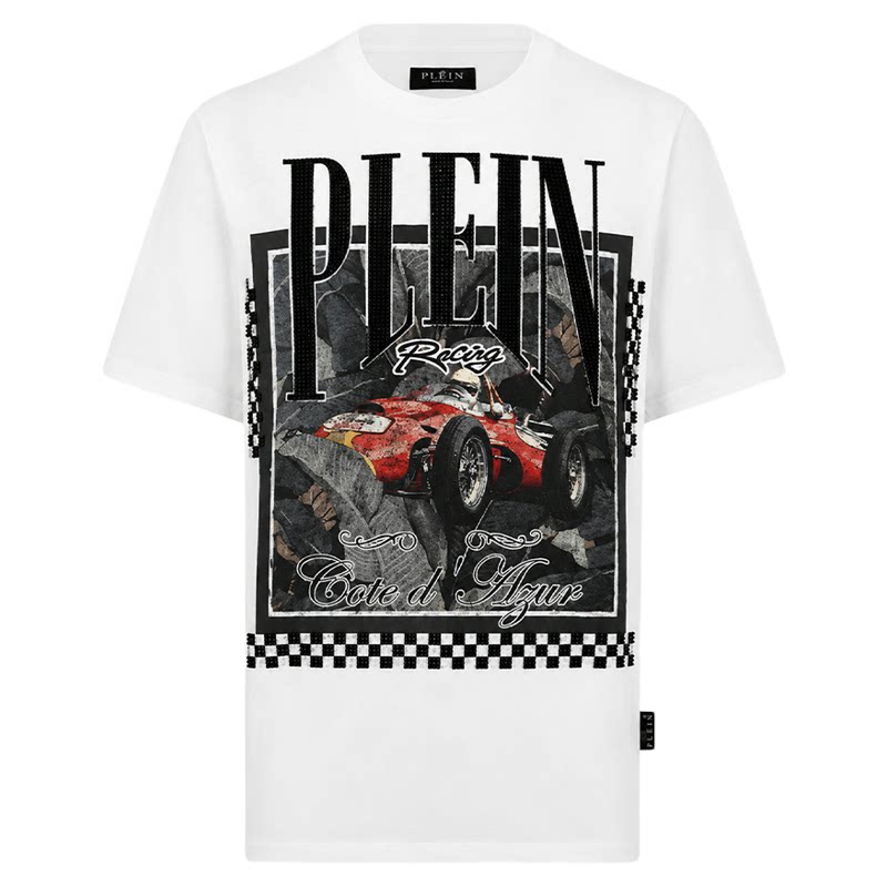 PHILIPP PLEIN 男士夏复古赛车印花男装T恤白色宽松圆领休闲短袖