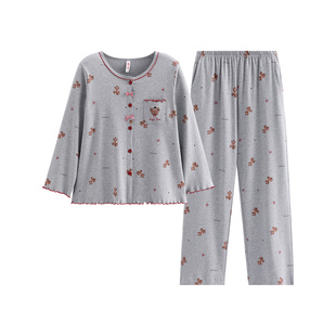 芬腾女士睡衣春秋季纯棉开衫长袖套装女款可爱休闲卡通宽松家居服