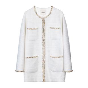 CROWNLESS未冕秋季新品高含毛花呢玉石钉钻花边茧型中长香风外套