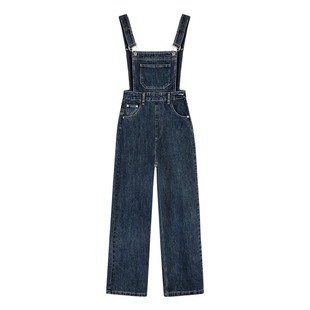 MULVAN 复古高腰阔腿牛仔背带裤女秋季宽松休闲直筒连体长裤