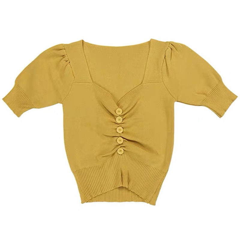 ins皱褶低胸v领泡泡喂奶服针织衫