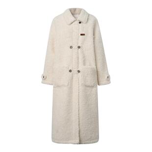 汤不吃同款 Kroche 冬日初雪 皮毛一体 翻领双排扣羊羔毛大衣外套