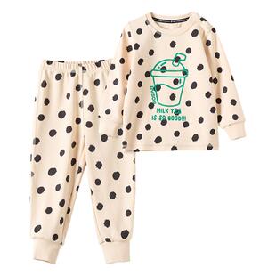 RYSONMOON儿童a类家居服秋冬男女童波点奶茶秋衣裤羊毛棉睡衣套装