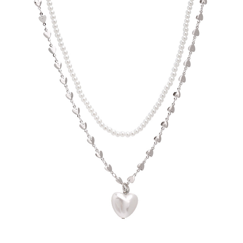 双倍甜心~珍珠爱心吊坠双层叠戴项链女小众独特设计感锁骨链配饰