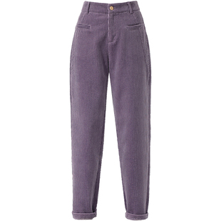 清仓紫色灯芯绒裤子女老爹裤新款秋冬加绒女裤休闲条绒哈伦裤冬季