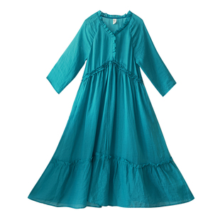 5折【流浪诗行】春季复古高腰连衣裙女新款九分袖木耳边V领长裙