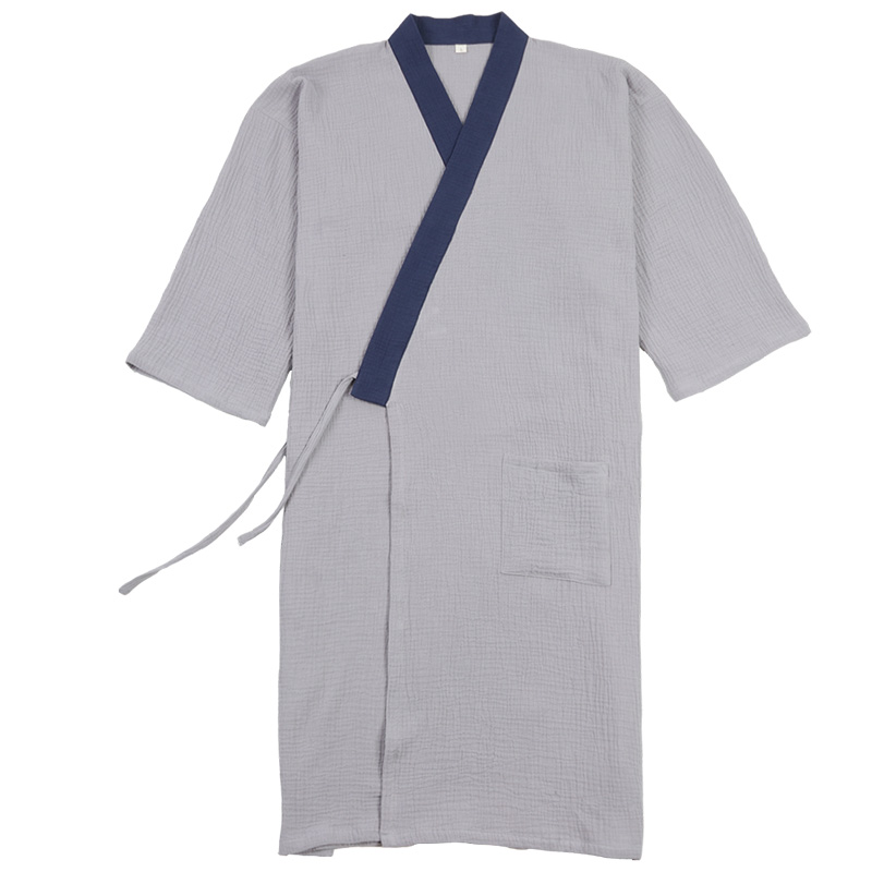 夏季中国风汉服长袍纯棉睡衣家居服睡袍大码浴袍拼色茶艺禅服薄款