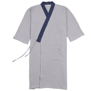 夏季中国风汉服长袍纯棉睡衣家居服睡袍大码浴袍拼色茶艺禅服薄款