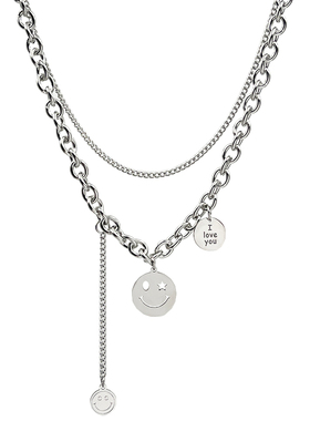 CRIVLA笑脸多层叠戴项链女ins秋冬配饰轻奢小众设计高级感毛衣链