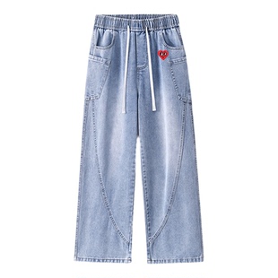 查尔斯桃心爱心刺绣水洗牛仔裤男女款夏上新宽松百搭直筒休闲裤子