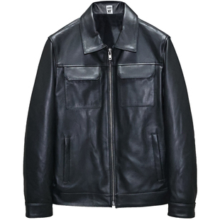 头层绵羊真皮皮衣男修身短款青年翻领简约休闲商务工装夹克外套北