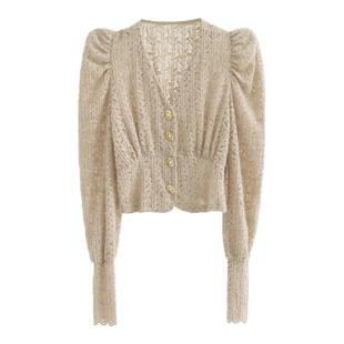 AZure法式复古修身显瘦蕾丝衫V领泡泡袖小衫百搭气质衬衣绒面上衣