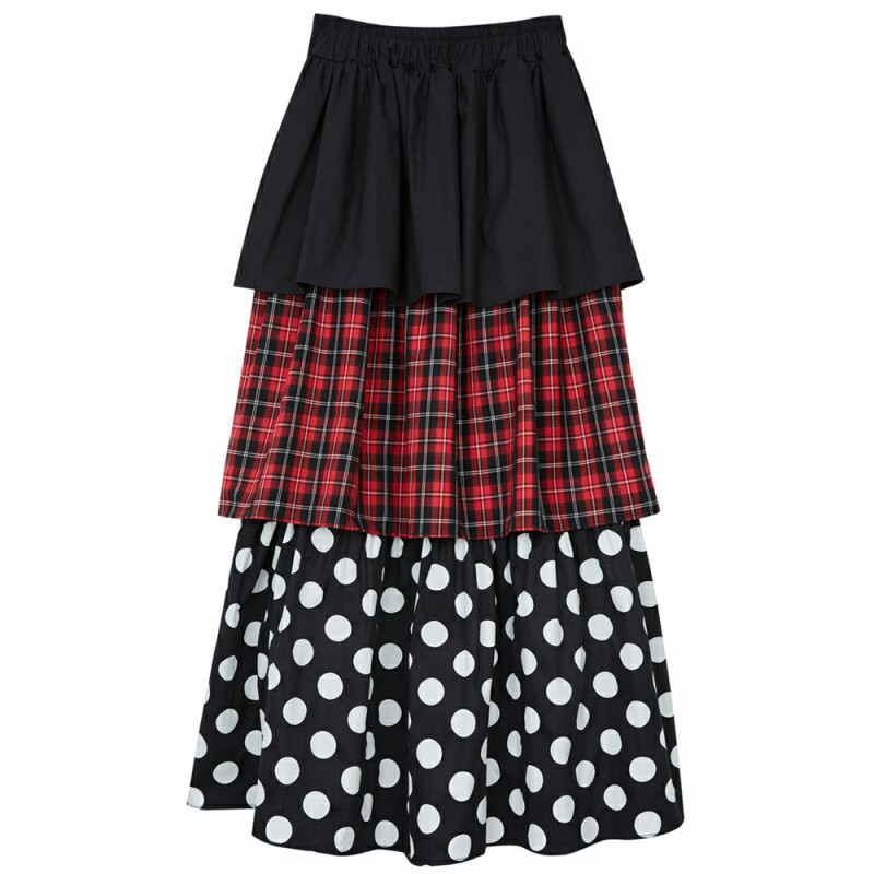 Morbid “gift” long skirt 高腰波点黑色格子拼接蛋糕长裙