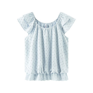 森马短袖衬衫女短款U领拼接波点绣花2025夏新款飞袖花苞上衣甜美