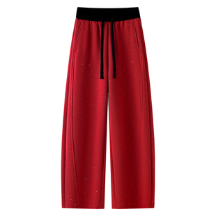 中国红亮片弯刀裤子女2026新款秋冬季高腰宽松休闲裤加长镰刀卫裤
