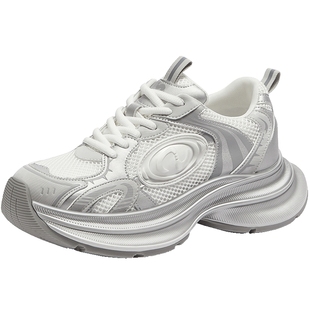 骆驼老爹鞋女鞋2025秋季新款厚底复古银色运动鞋女款增高休闲鞋子