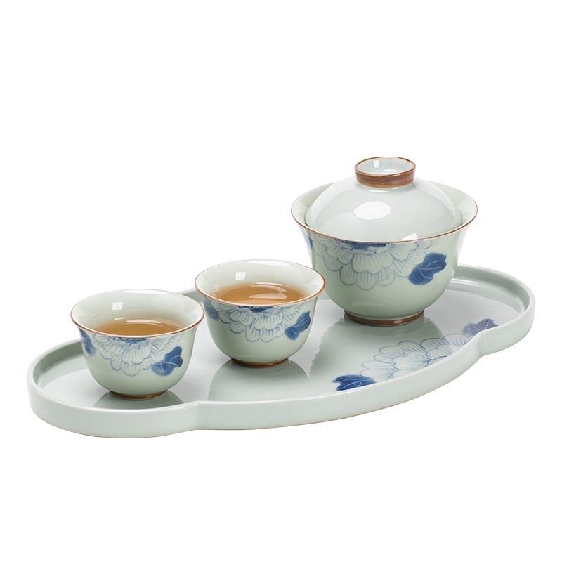复古手绘牡丹盖碗茶杯功夫茶具