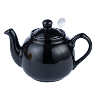 LondonPottery亮黑色田园英国茶壶陶瓷泡茶壶茶具带滤网礼物600ml