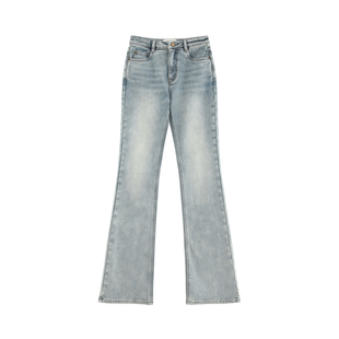 【茵曼】修腿神裤 加厚抓绒自然水洗复古高腰微喇显瘦牛仔裤-5970