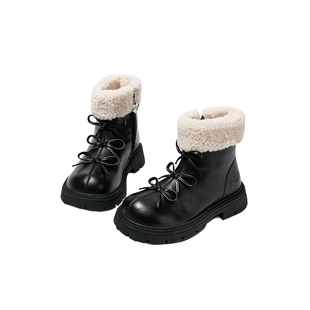 芭比童鞋女童靴子2025新款冬季加绒二棉鞋小女孩公主皮靴儿童棉靴